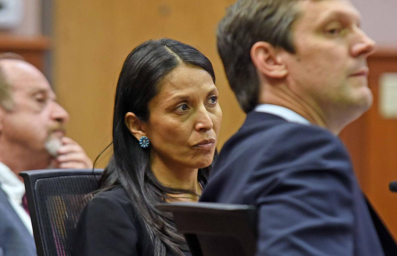 Journalist Jenni Monet with attorneys Russell Myhre (left) and Edward Barnidge in the Morton County, N.D., courthouse on Friday in a trial related to the Dakota Access Pipeline protest in 2017.